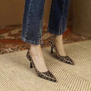 FOWT Simple Solid Croc-Embossed Pointed Toe Black Pumps for Women Dressy Leopard